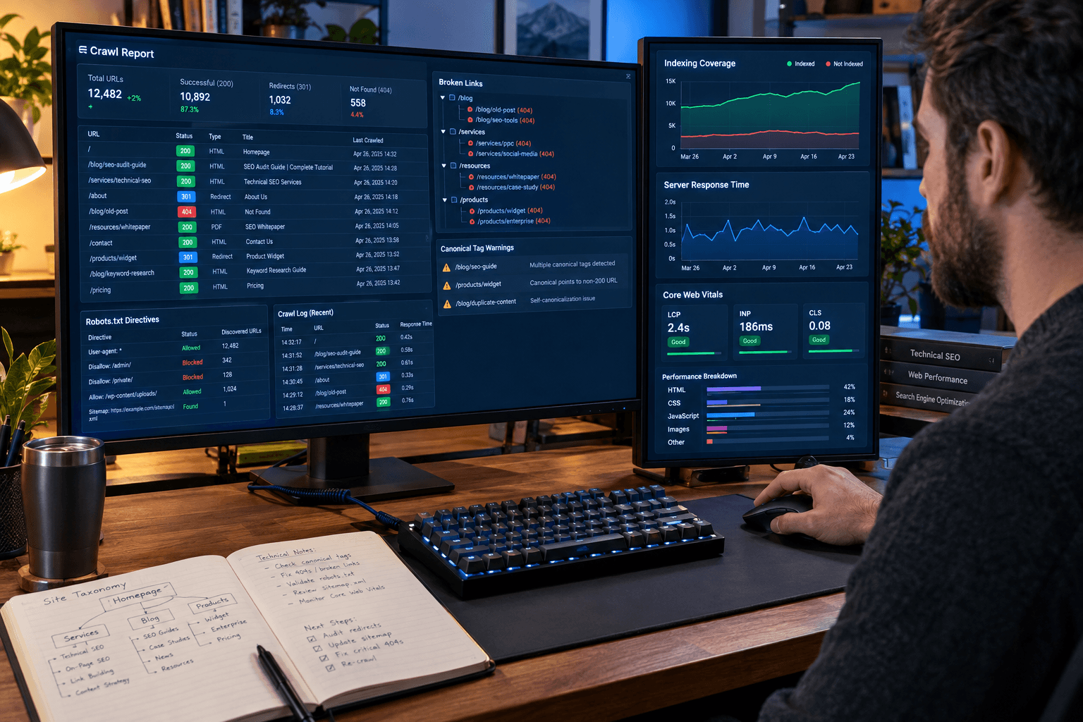 Technical SEO specialist reviewing website crawl errors, indexing reports and performance data